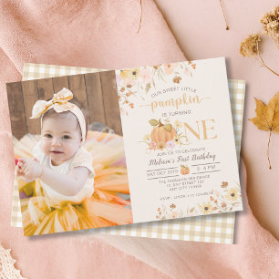 Vår lilla Blommigt Pumpkin Birthday Photo Inbjudningar