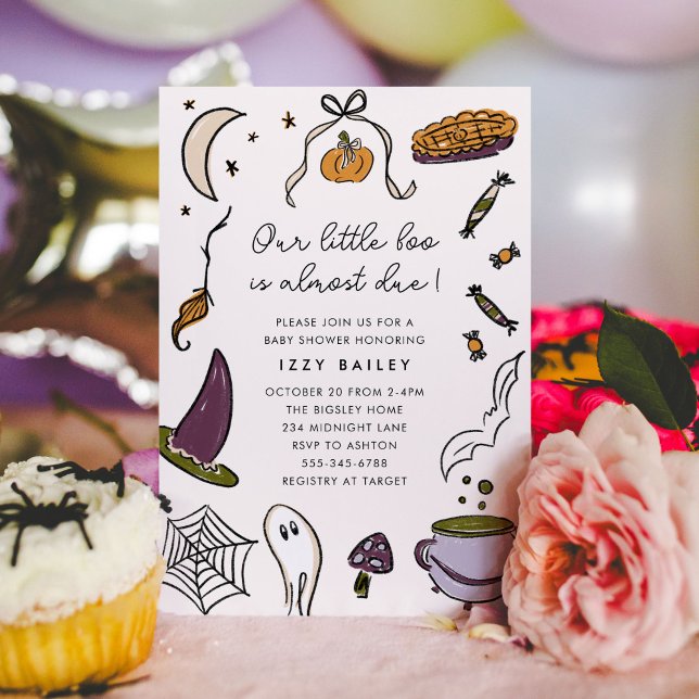 Vår lilla boo är nästan klar med halloween Baby Sh Inbjudningar (Our Little Boo is Almost Due - Halloween watercolor illustrations baby shower invitation.)