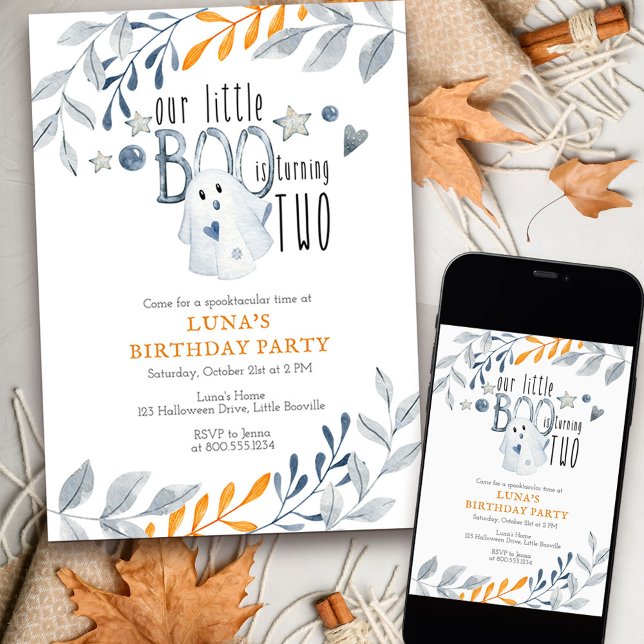 Vår lilla boo är på väg två andra födelsedagen inbjudningar (Little Boo turning Two halloween themed 2nd birthday invitation)