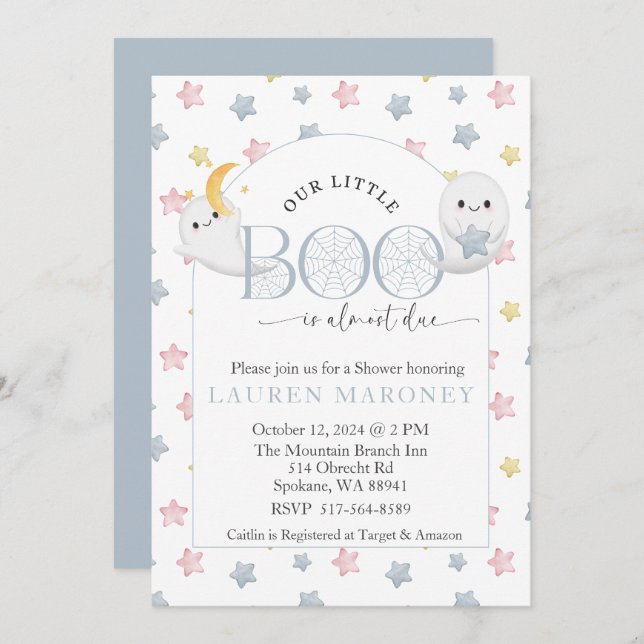 Vår lilla boo är snart på väg mot Halloween Inbjudningar (Fram/baksida)