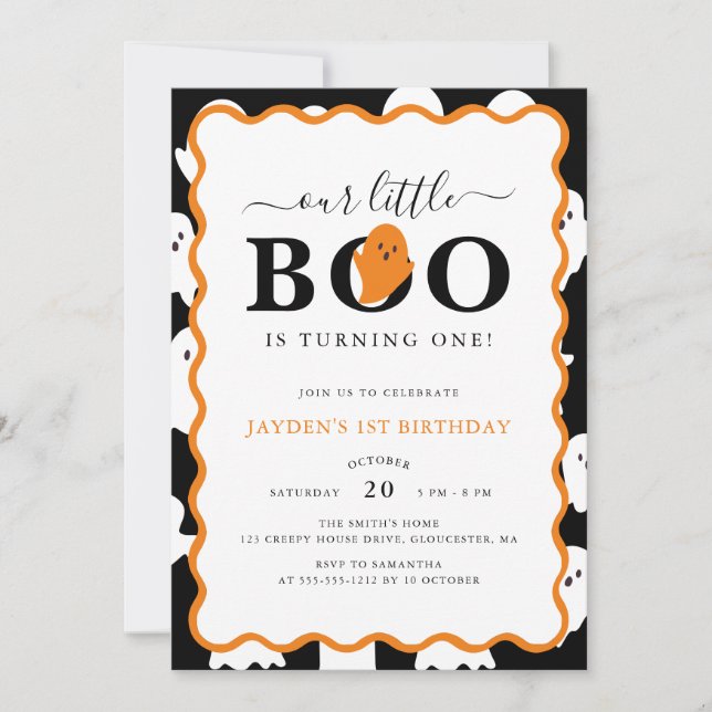 Vår lilla Boo Black Ghost Halloween 1:a födelsedag Inbjudningar (Framsida)