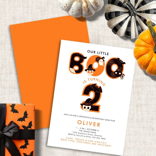 Vår lilla boo gör två Halloween-födelsedagen Inbjudningar (Front and back view)