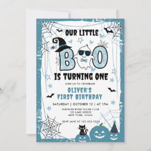 VÅR LILLA BOO STÄNGER EN BLUE FÖRSTA BIRTHDAY INBJUDNINGAR