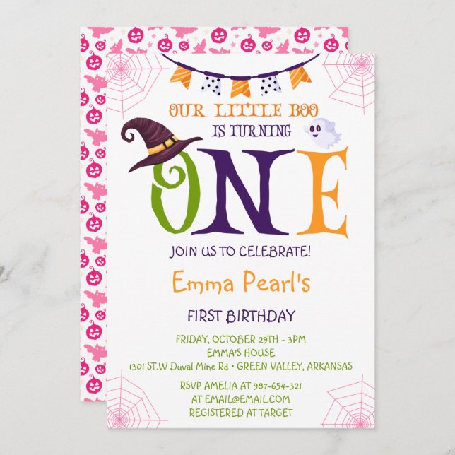 Vår lilla Boo Turning One, Halloween 1:a födelseda Inbjudningar (Fram/baksida)