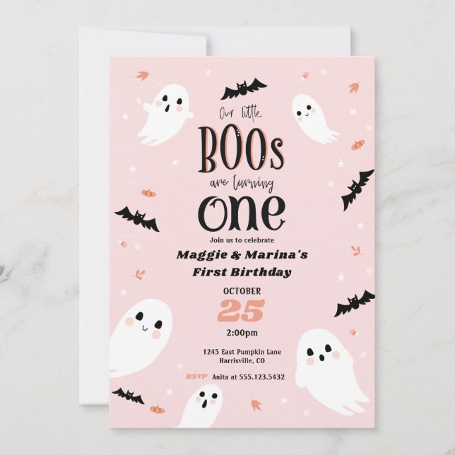 Vår lilla Boos rosa Twin Halloween första födelsed Inbjudningar (Framsida)