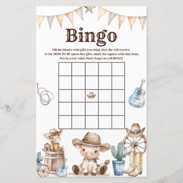 Vår lilla Cowboy Cactus Baby dusch Bingo Game (Framsida)