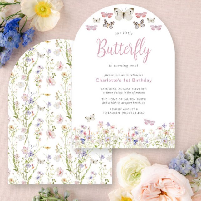 Vår lilla fjäril 1:a födelsedag Rosa vattenfärg Inbjudningar (Skapare uppladdad)