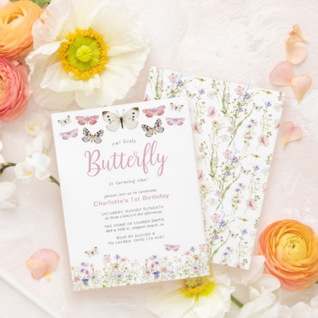 Vår lilla fjäril 1:a födelsedag Rosa vattenfärg Inbjudningar (Easily personalize this sweet wildflower butterfly baby's first birthday invite with your details)