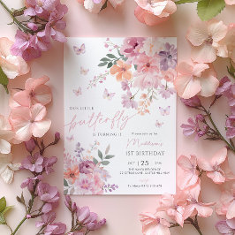 Vår lilla fjäril-Blommigt 1:a födelsedag Inbjudningar