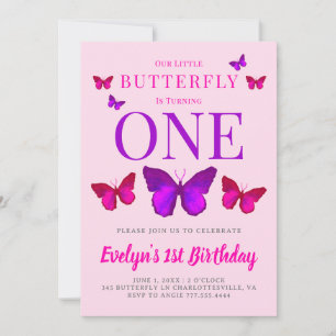 Vår lilla fjäril-flickors Rosa Lila Birthday Inbjudningar