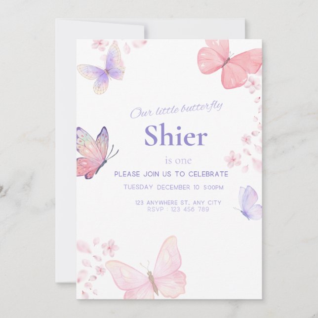 Vår lilla fjäril-inbjudan på första födelsedag spara datumet (Framsida)