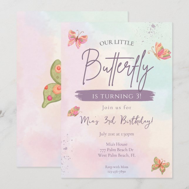 Vår lilla fjäril Pastel Butterfly Birthday Inbjudningar (Fram/baksida)