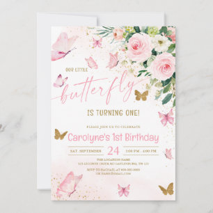 Vår lilla fjäril Rosa Blommigt Birthday Inbjudningar