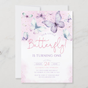 Vår lilla fjäril Rosa Lila Girl Birthday Inbjudningar