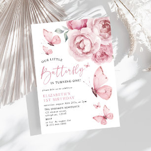 Vår lilla fjäril rosa rosor 1-årsdag inbjudningar