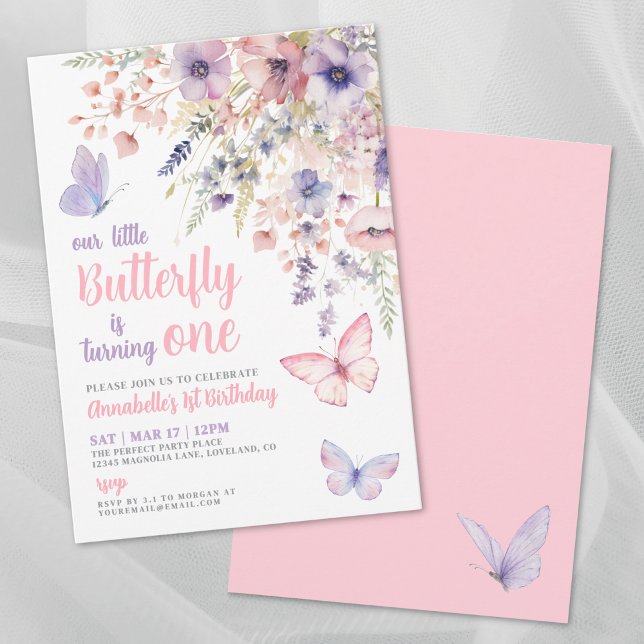 Vår lilla fjärilsflickas rosa födelsedagsfest inbjudningar (Our Little Butterfly Girl's Pink Birthday Party Invitation)