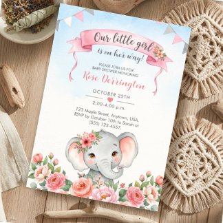 Vår lilla flicka Blommig Elefant Bebis-babyshower Inbjudningar