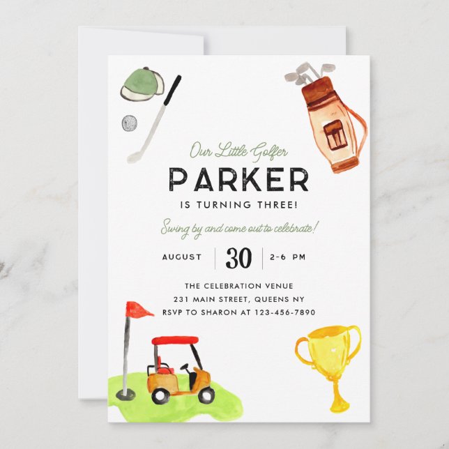 Vår lilla Golfer Klubb Bag Cart Kids Golf Birthday Inbjudningar (Framsida)