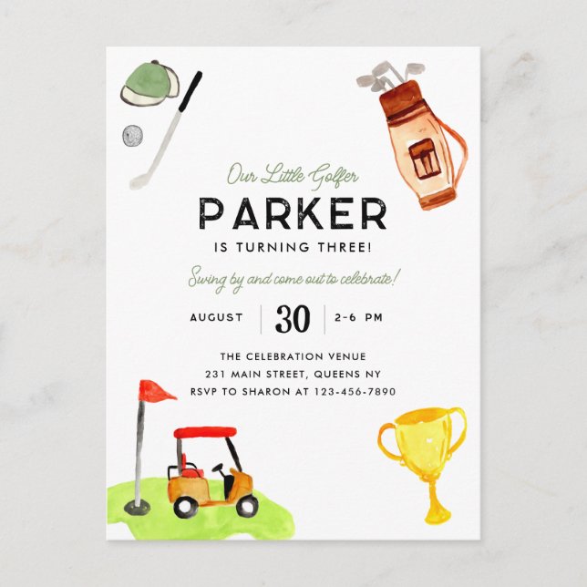 Vår lilla Golfer Klubb Bag Cart Kids Golf Birthday Vykort (Framsida)