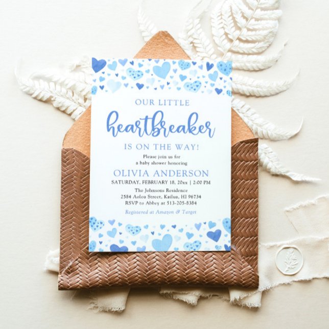 Vår lilla hjärtsbrytare Blue Valentine Baby Shower Inbjudningar (Watercolor Cute A Little Heartbreaker Blue Hearts Baby Boy Valentine Baby Shower Invitation)