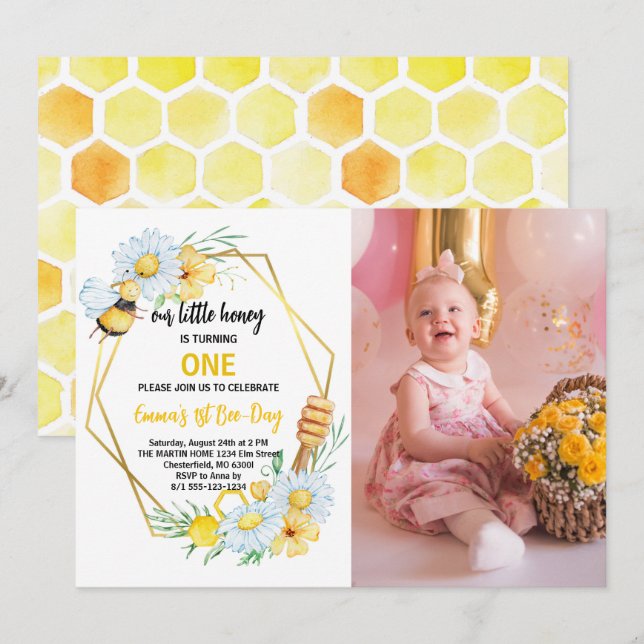 Vår lilla honung fyller ett Bi 1-års födelsedag Inbjudningar (Fram/baksida)