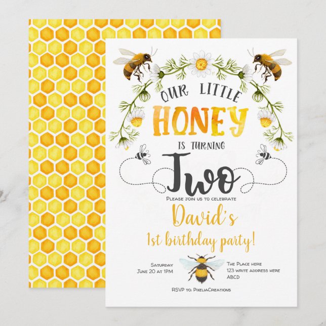 Vår lilla honung, Humla, Bee 2-årsdag Inbjudningar (Fram/baksida)