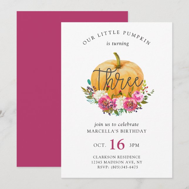 Vår lilla knumpkin 3:e födelsedagen inbjudningar (Fram/baksida)