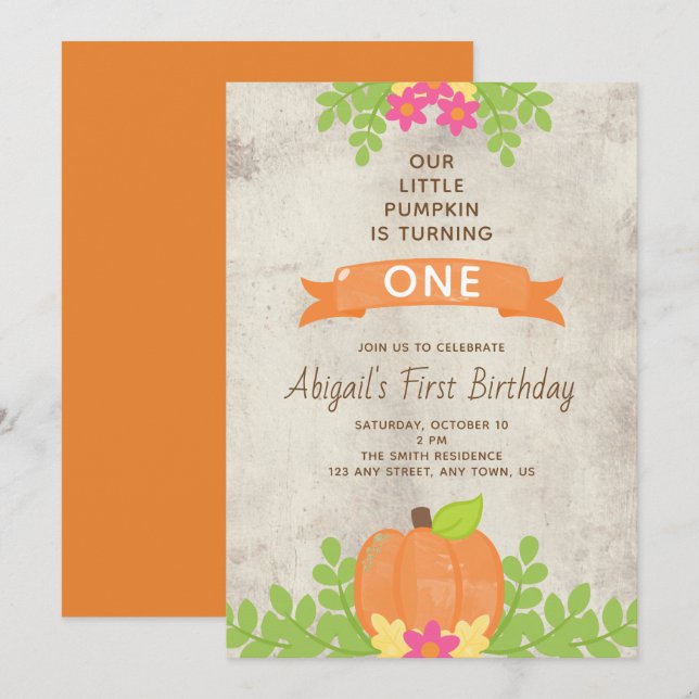 Vår lilla knumpkin-blommor från första födelsedag inbjudningar (Fram/baksida)