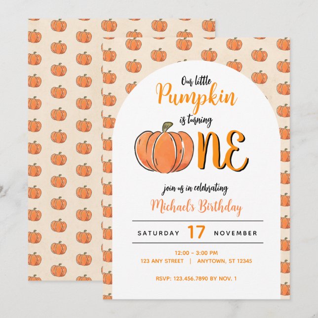 Vår lilla knumpkin Modern Fall Birthday Inbjudningar (Fram/baksida)
