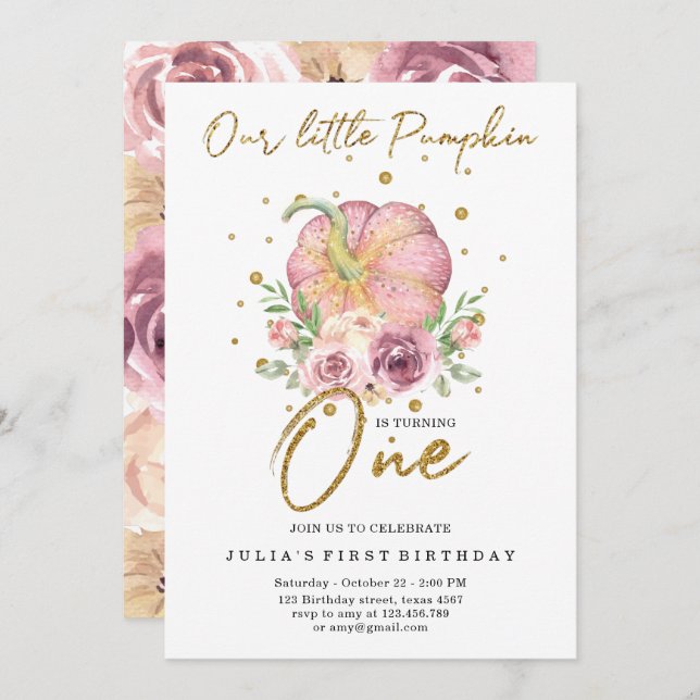 Vår lilla knumpkin-Rosa i första födelsedag Inbjudningar (Fram/baksida)