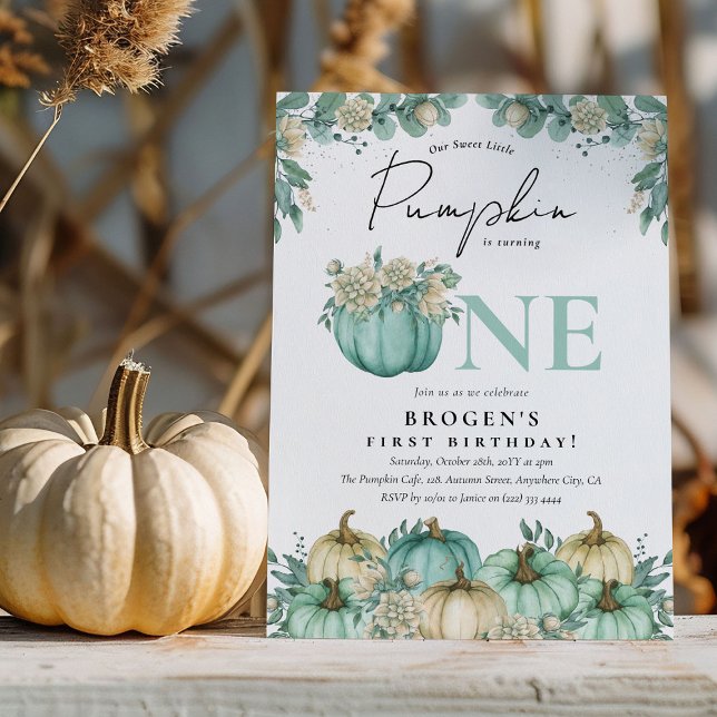 Vår lilla knumpkin Teal & White 1:a födelsedag Inbjudningar (Skapare uppladdad)