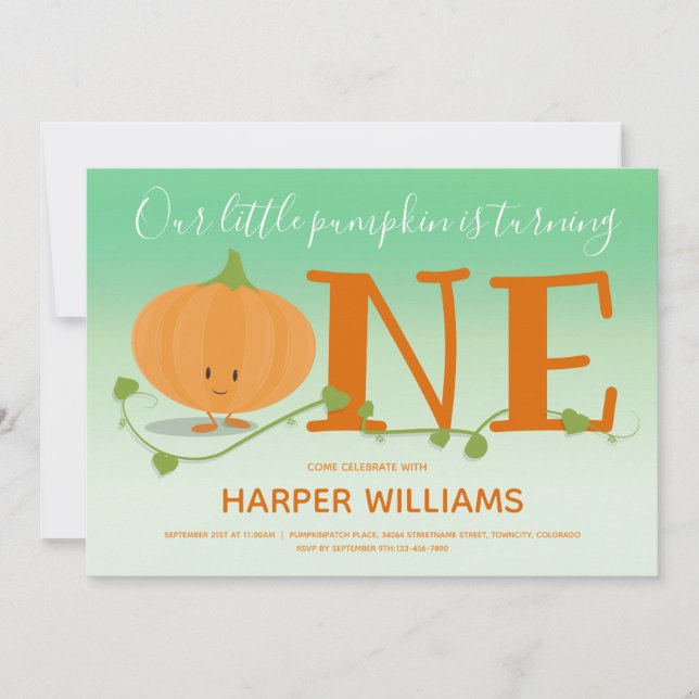 Vår lilla knumpkin turar en Grönt på 1:a födelseda Inbjudningar (Framsida)