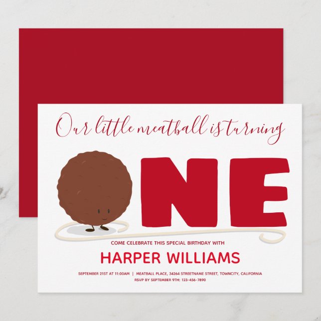 Vår lilla köttboll blir en första födelsedag inbjudningar (Fram/baksida)