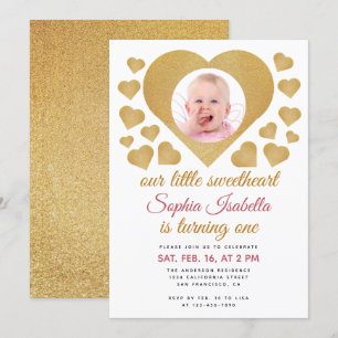 Vår lilla lilla älskling Photo Guld Heart Birthday Inbjudningar