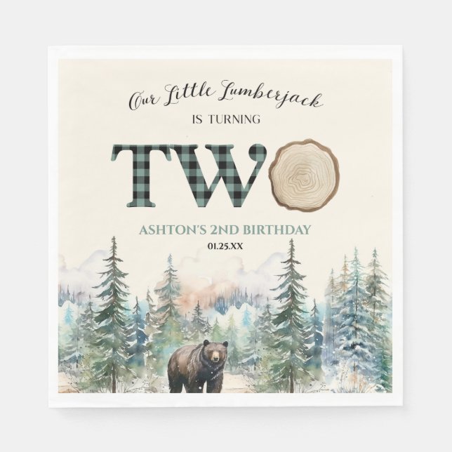 Vår lilla lumberjack Bear 2:a födelsedag Party Pappersservett (Framsidan)