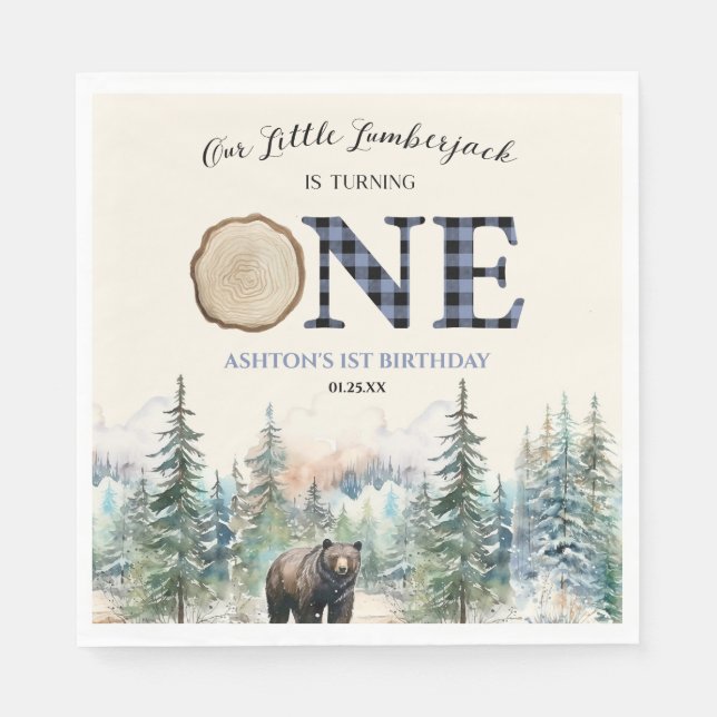 Vår lilla lumberjack Bear Blue 1:a födelsedag Part Pappersservett (Framsidan)