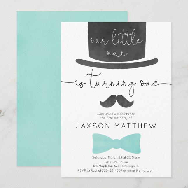 Vår lilla mansköldpadda aqua 1:a födelsedag inbjudningar (Fram/baksida)