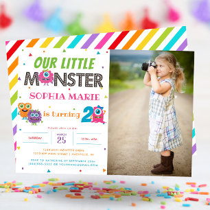 Vår lilla monster Cute Rosa Photo Birthday Inbjudningar