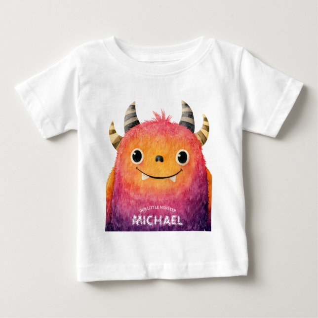 Vår lilla monster Cute Watercolor Art Namn T Shirt (Framsida)