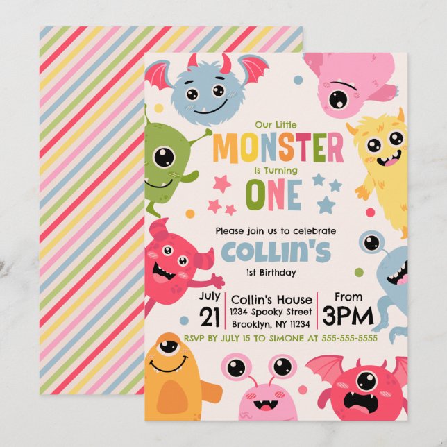 Vår lilla monster fyller ett inbjudningar (Fram/baksida)