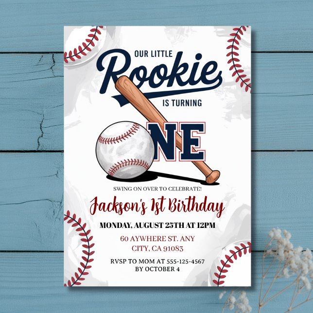 Vår lilla nybörjare är att vrida en baseballdag inbjudningar (Our Little Rookie is Turning One Baseball Birthday Invitation
)