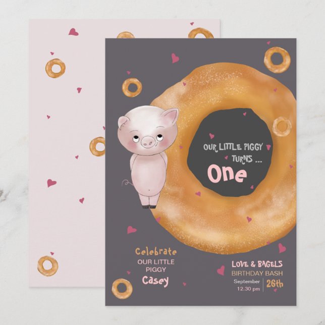 "VÅR LILLA PIGGY" | Kärlek & Bagels Inbjudningar (Fram/baksida)