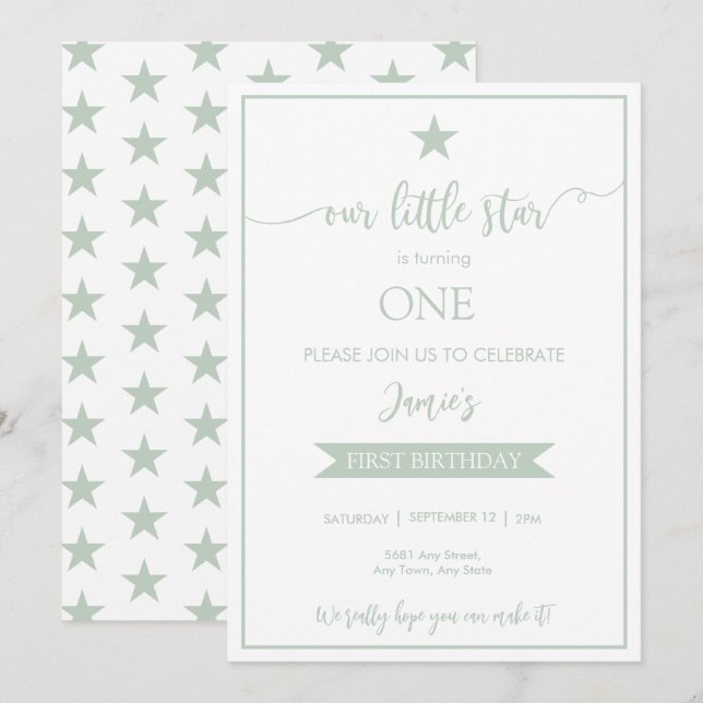 Vår lilla, platta inbjudan från Star Birthday (Fram/baksida)