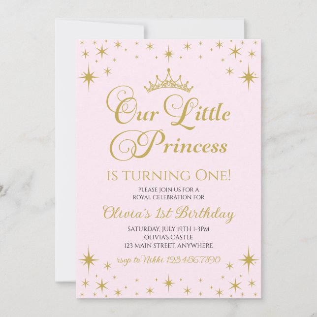 Vår lilla prinsessa kunglig guld- och rosa födelse inbjudningar (Framsida)