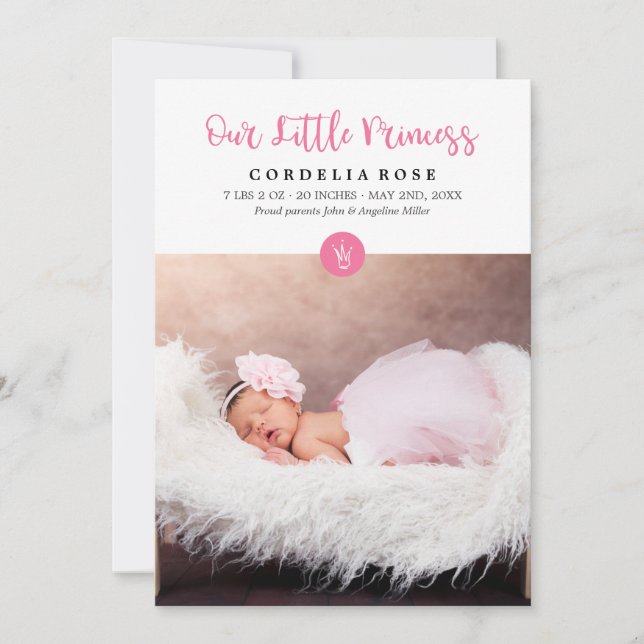 Vår lilla prinsessa Rosa Baby-kungörelse Meddelande (Framsida)