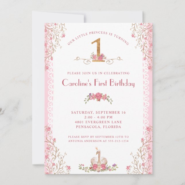 Vår lilla prinsessas första födelsedag Rosa bjudan Inbjudningar (Framsida)