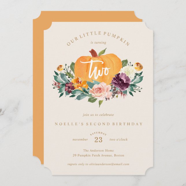 Vår lilla pumpa andra födelsedagsinbjudan inbjudningar (Fram/baksida)