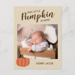 Vår lilla pumpa är här Höst födelse tillkännagivan Vykort