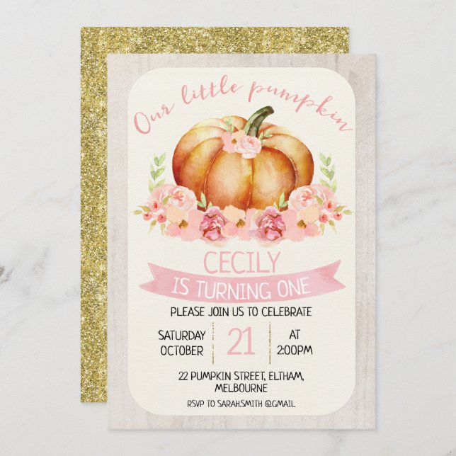 Vår lilla pumpa barns födelsedag-inbjudan inbjudningar (Fram/baksida)