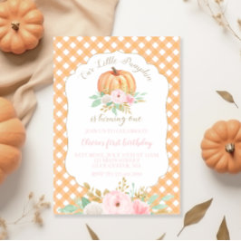 Vår lilla pumpa blommiga orangea rutiga födelsedag inbjudningar